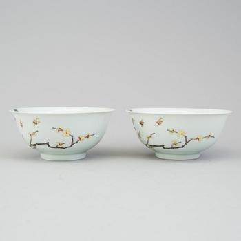 A pair of chinese famille rose bowls, with Yongzheng four character seal mark. Modern production.