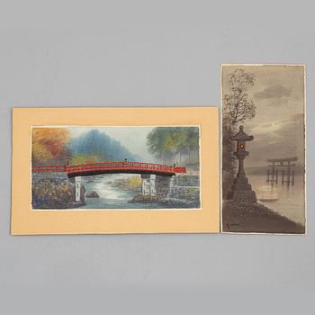 Seki, två akvareller, "Månbelyst tempel" och "Bro i höstlandskap", Japan 1900-tal.