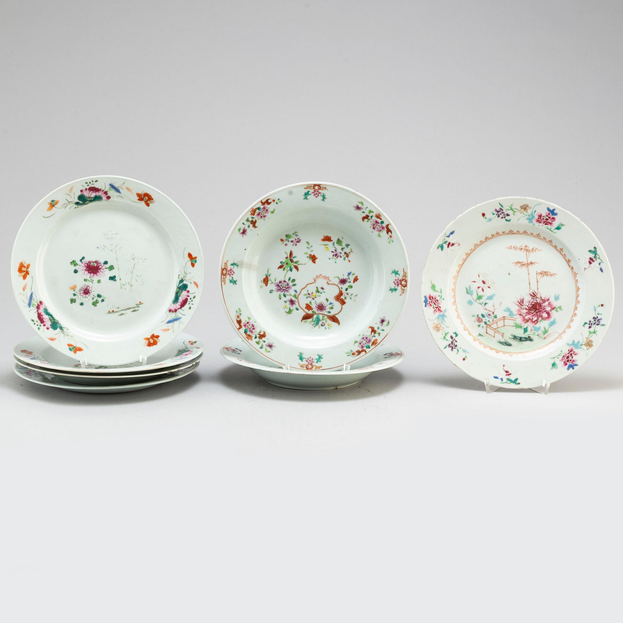 Seven famille rose export porcelain plates and dishes (4+2+1), Qing dynasty, Qianlong (1736-95).