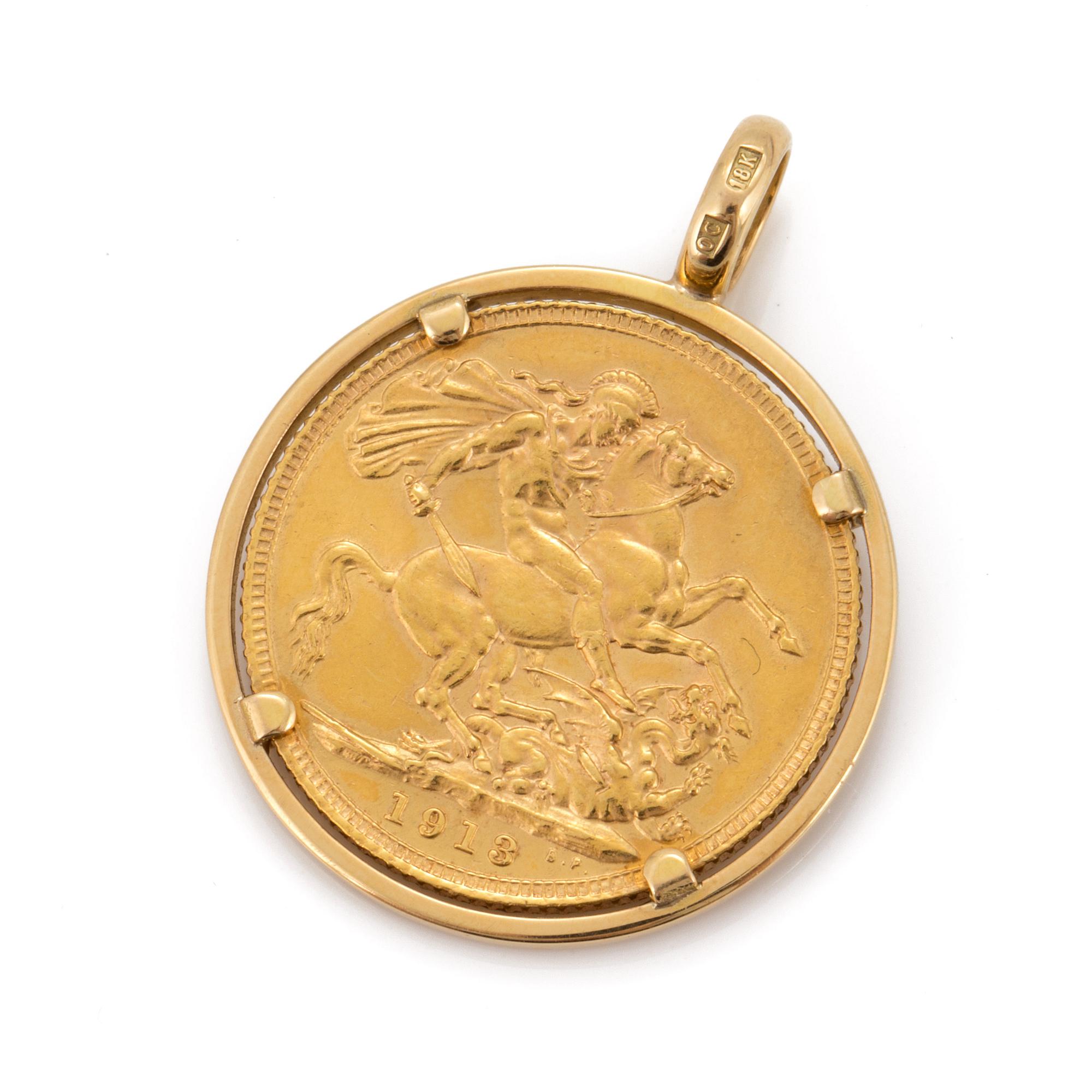 A 21,6K gold 1913 Sovereign coin pendant.