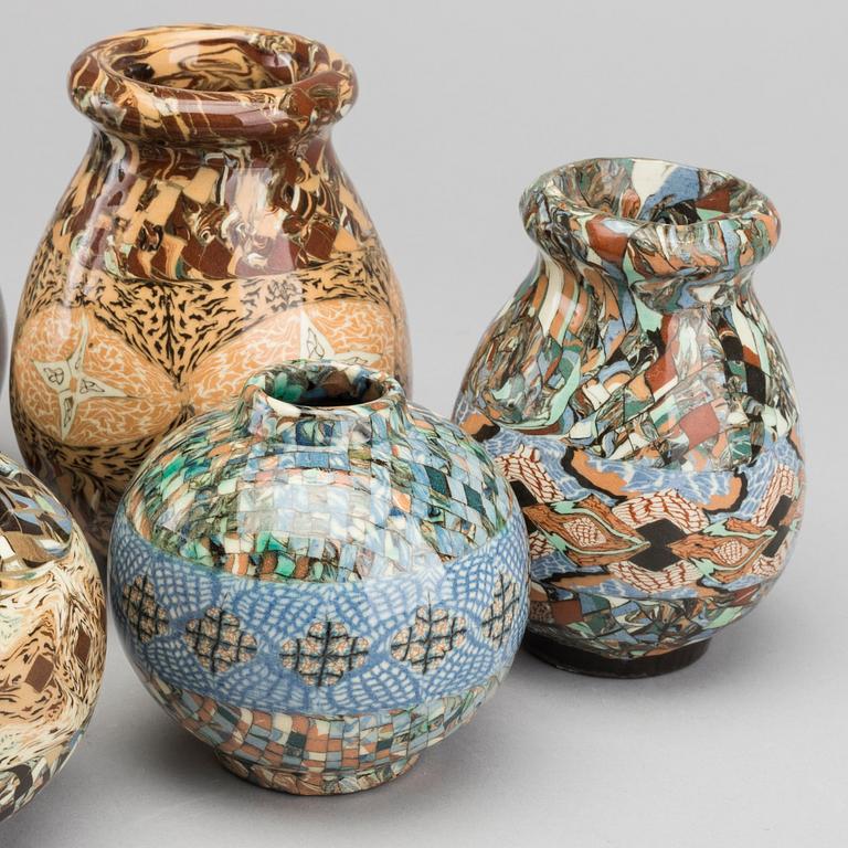 A set of 6 pcs of vases and a bowl, stonewere, Gerbino Vallauris.