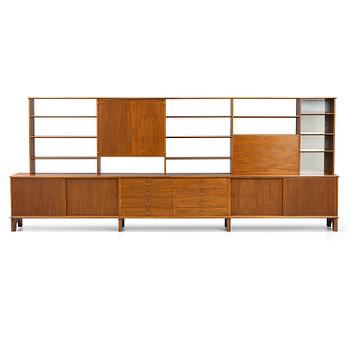 248. Josef Frank, a mahogny sideboard with cabinets, shelves, writing flap and drawers, Svenskt Tenn, a special commission, 1940-50s.