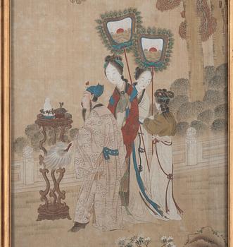 A hanging scroll of court attendants in a garden and with calligraphy, Qing dynasty.