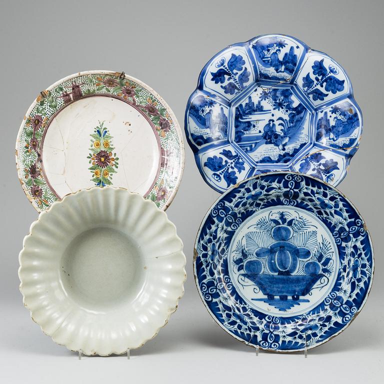 Four faiance dishes, 18th century.