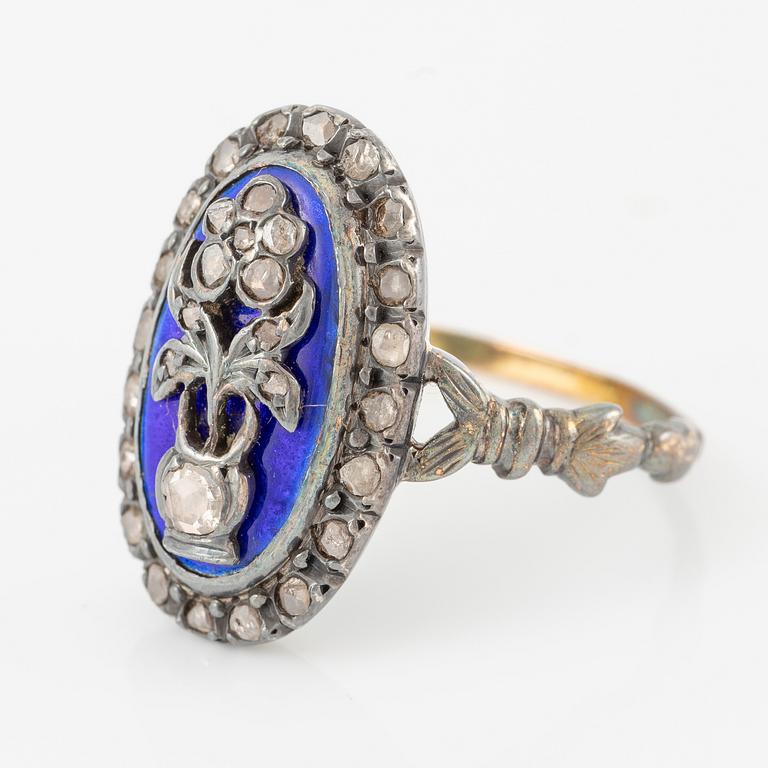 Ring, silver med koboltblå emalj och rosenslipade diamanter, med blommotiv.