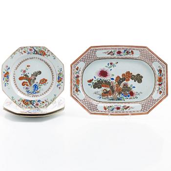 A famille rose dish and three dinner plates, Qing dynasty, Qianlong (1736-95).