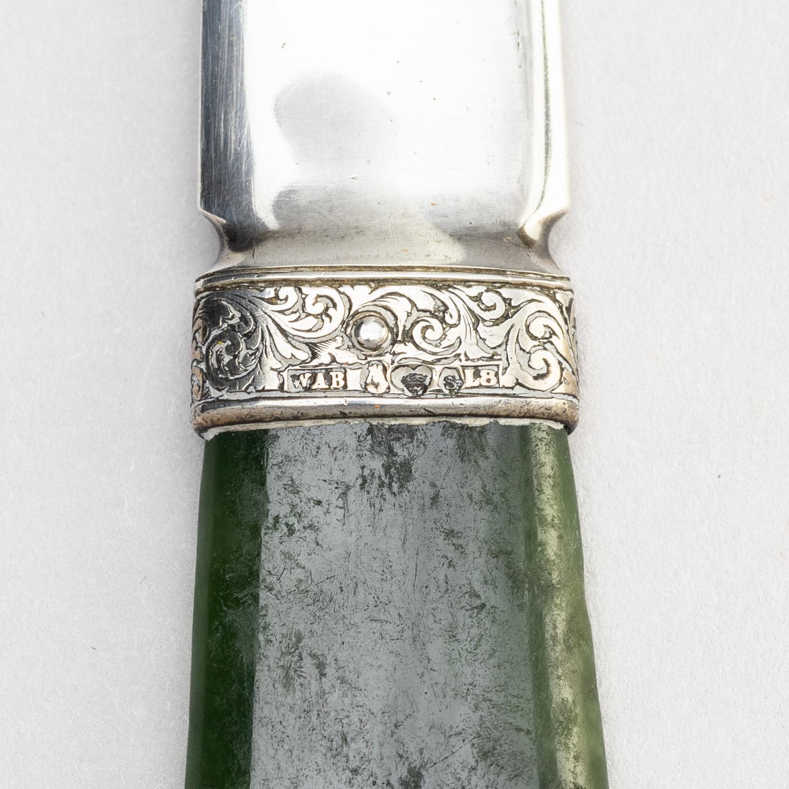 A silver letter opener with nephrite handle, W.A. Bolin, Stockholm 1937.