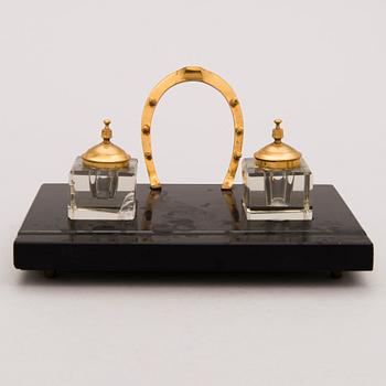 A late 19th Century Desk Set, 6 pcs in brass and stone, incl ink stand and a pair of candle sticks.