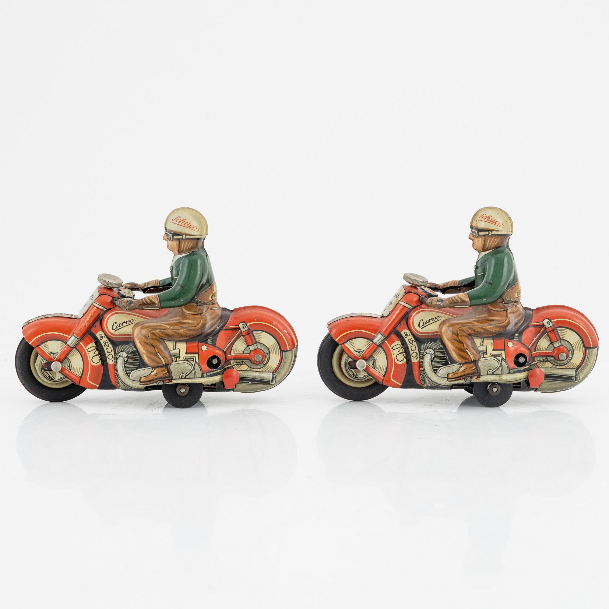 Schuco, four tin motorcycles, 'Curvo 1000' and 'Motodrill 1006', U.S. Zone Germany , mid 20th century.