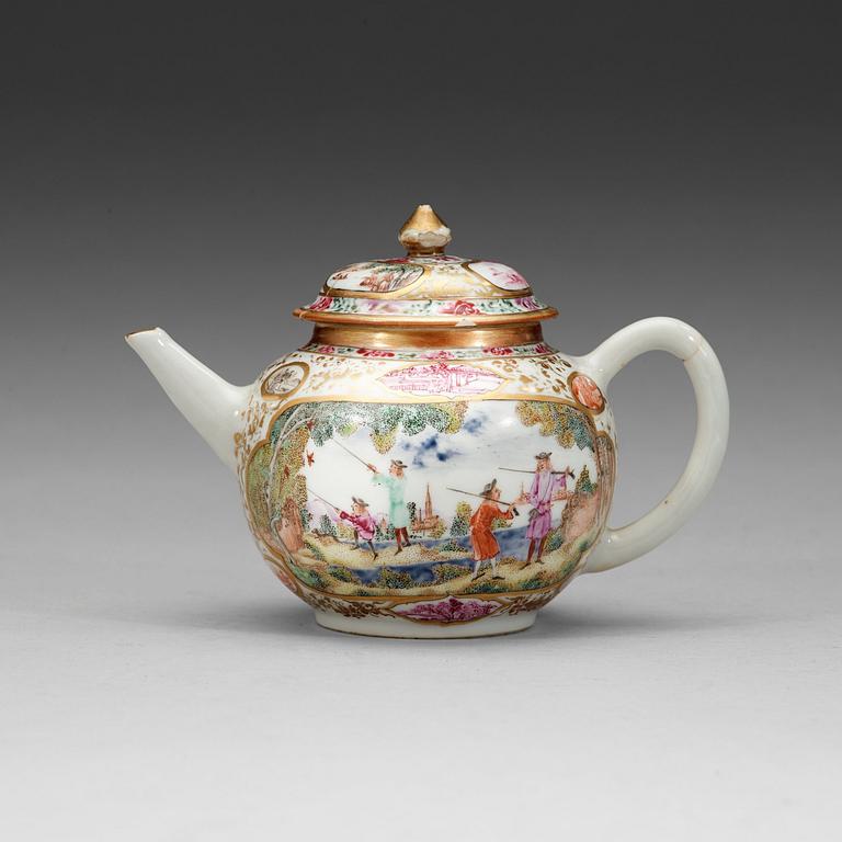 A famille rose 'European Subect' tea pot with cover, Qing dynasty, Qianlong (1736-95).