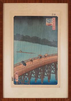 Utagawa Hiroshige I, Utagawa Hiroshige I (Japan) 1797-1858, colour woodblock print, Sudden Shower over Shin-Ōhashi Bridge and Atake.