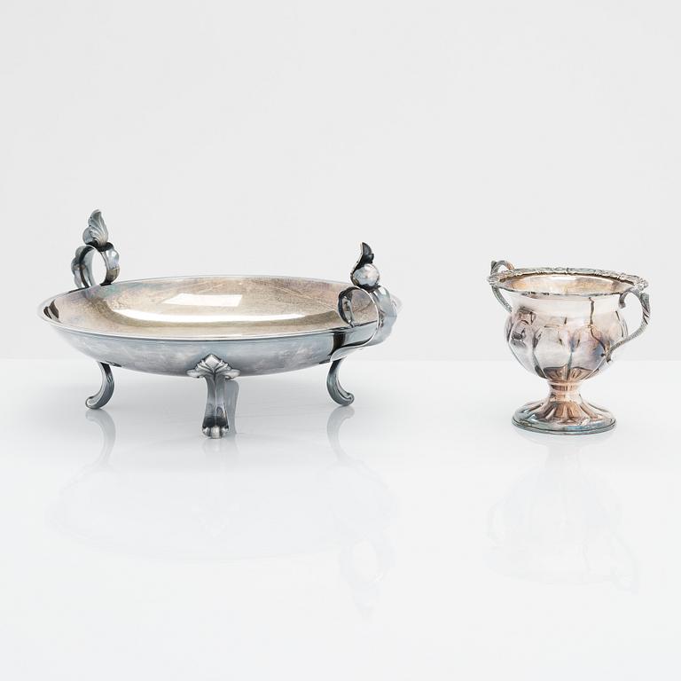 A 1950s footed bowl and a three-piece silver coffee set from the latter half of the 20th century.