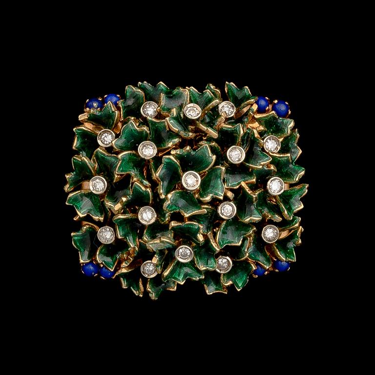 A BROOCH, 18K gold, enamel, lapis lazuli, 8/8 cut diamonds. Italy.