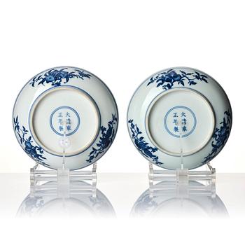 A pair of blue and white nine peaches dishes, presumably Republic, with Yongzheng mark.
