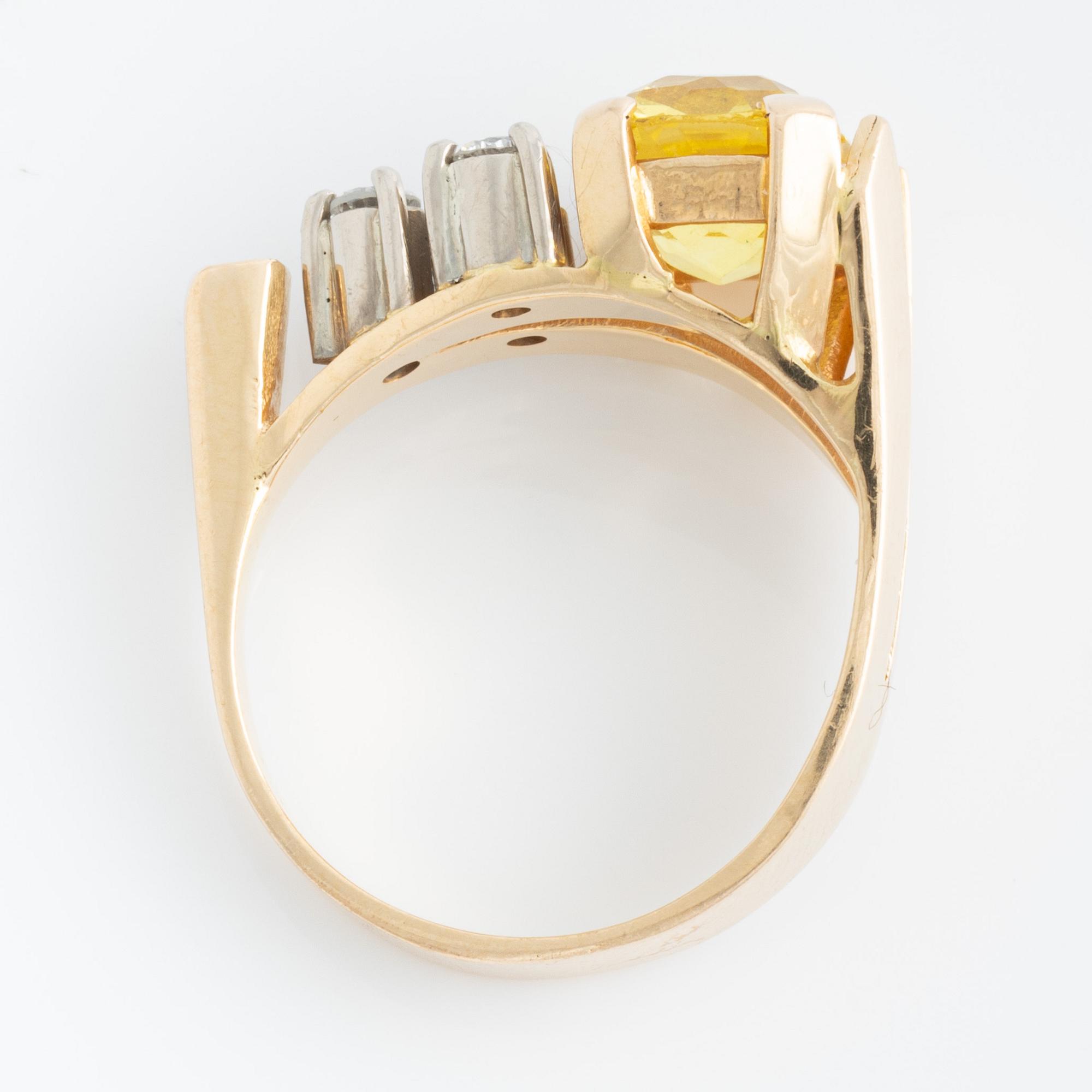 Ring, with cushion-shaped yellow sapphire and brilliant-cut diamonds, by Per G Forslund.