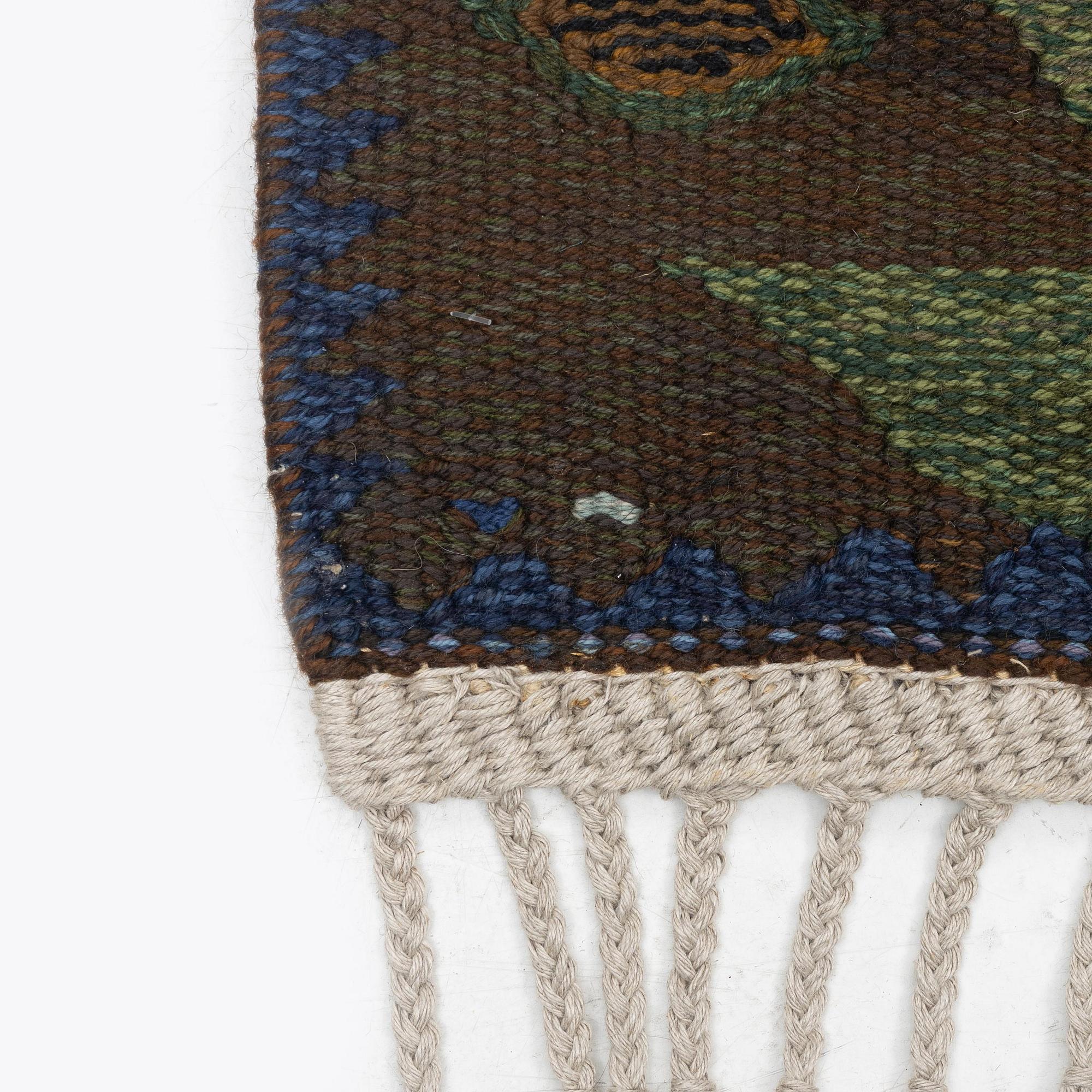 Barbro Nilsson, a carpet, 'Tånga brun och grön', tapestry weave, c. 286 x 186 cm, signed AB MMF BN.