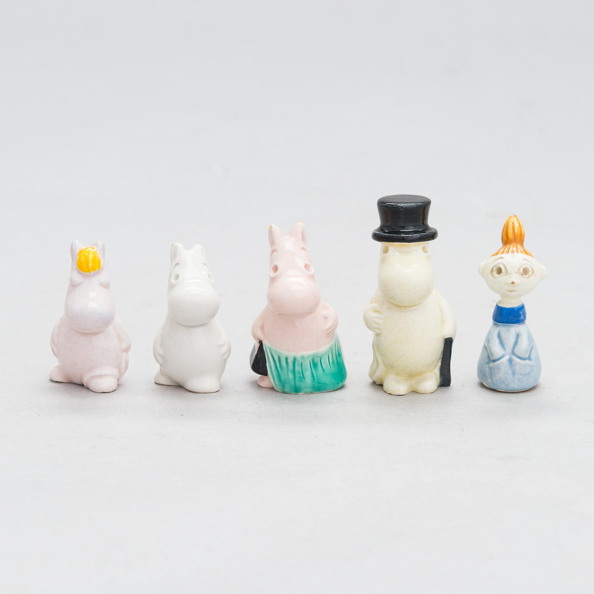 Leo Tykkyläinen, five 1950s ceramic Moomin figurines, Finland.