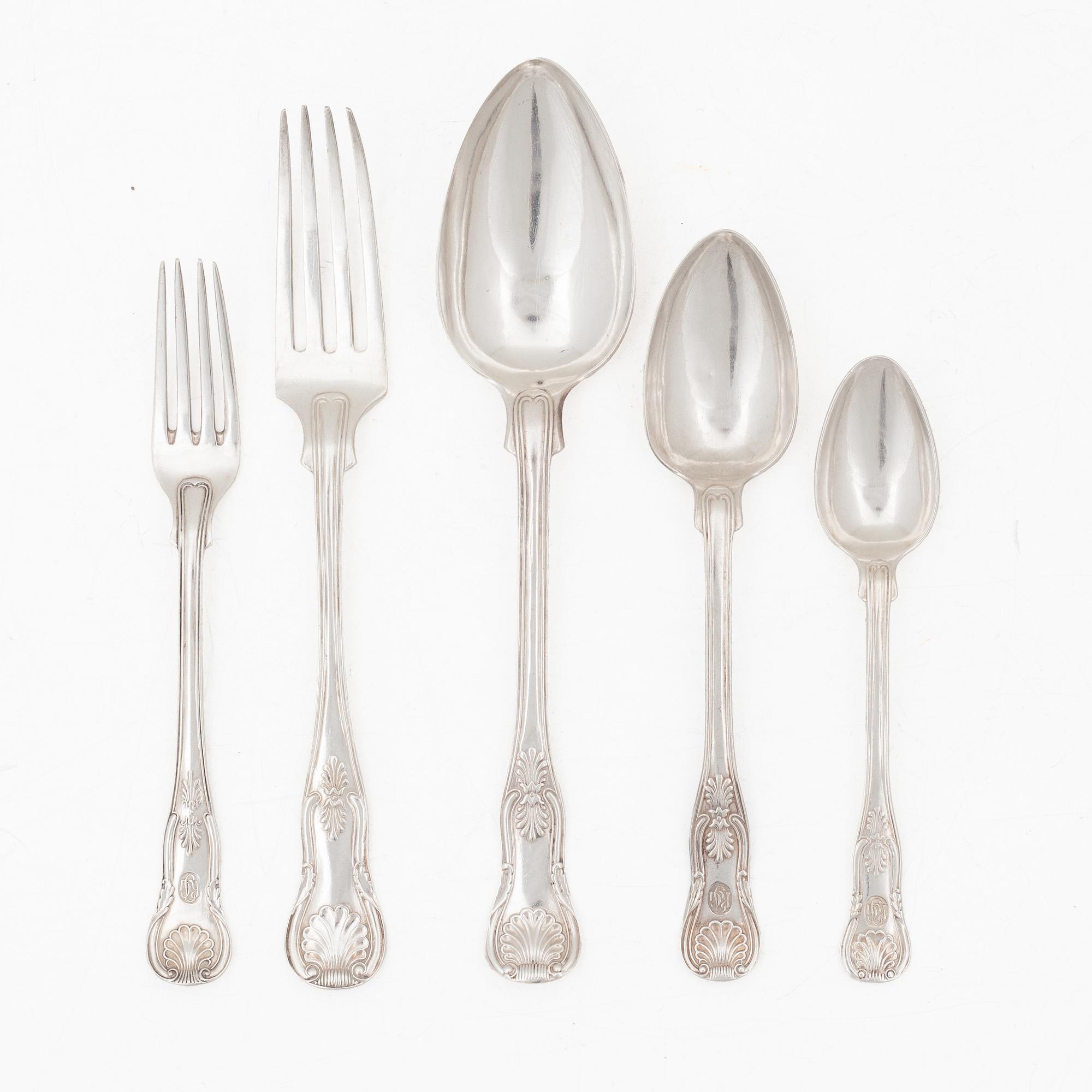 Bestick, 30 delar, silver, "Engelsk snäck", bl a JE Torsk, Stockholm 1862.