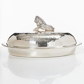 Covered bowl, silver plate, with glass insert, 20th century.
