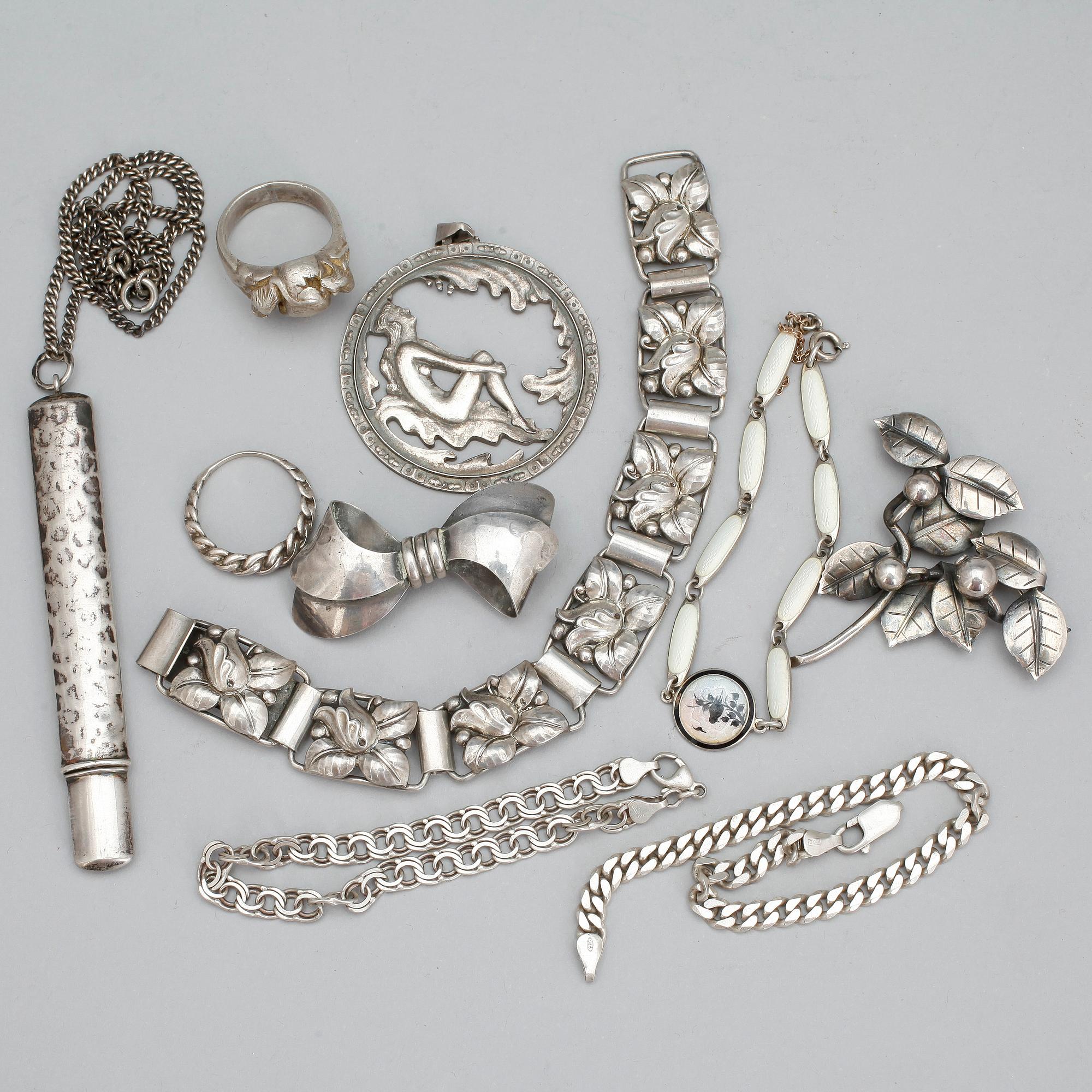 PARTI SMYCKEN, 10 delar, silver, mestadels 1900-tal. Tot vikt 127 gram.