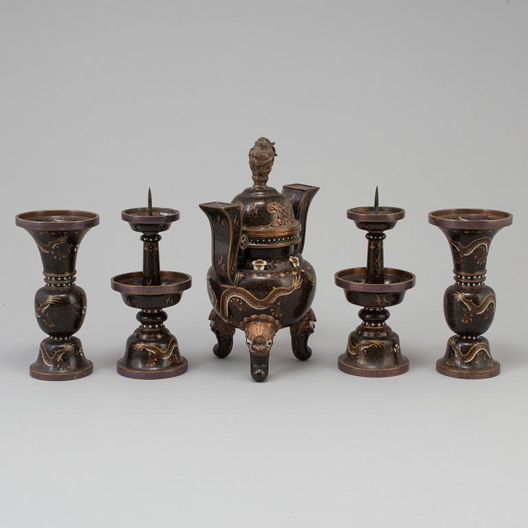 A set of five chinese altar garnitures, cloisonné, 20th century.