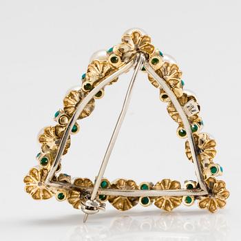 BROSCH, 18K guld, pärlor samt turkoser. Vikt 7,8 g.