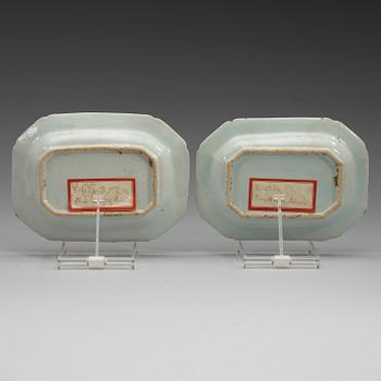 A set of three famille rose 'double peacock' serving dishes, Qing dynasty, Qianlong (1736-95).