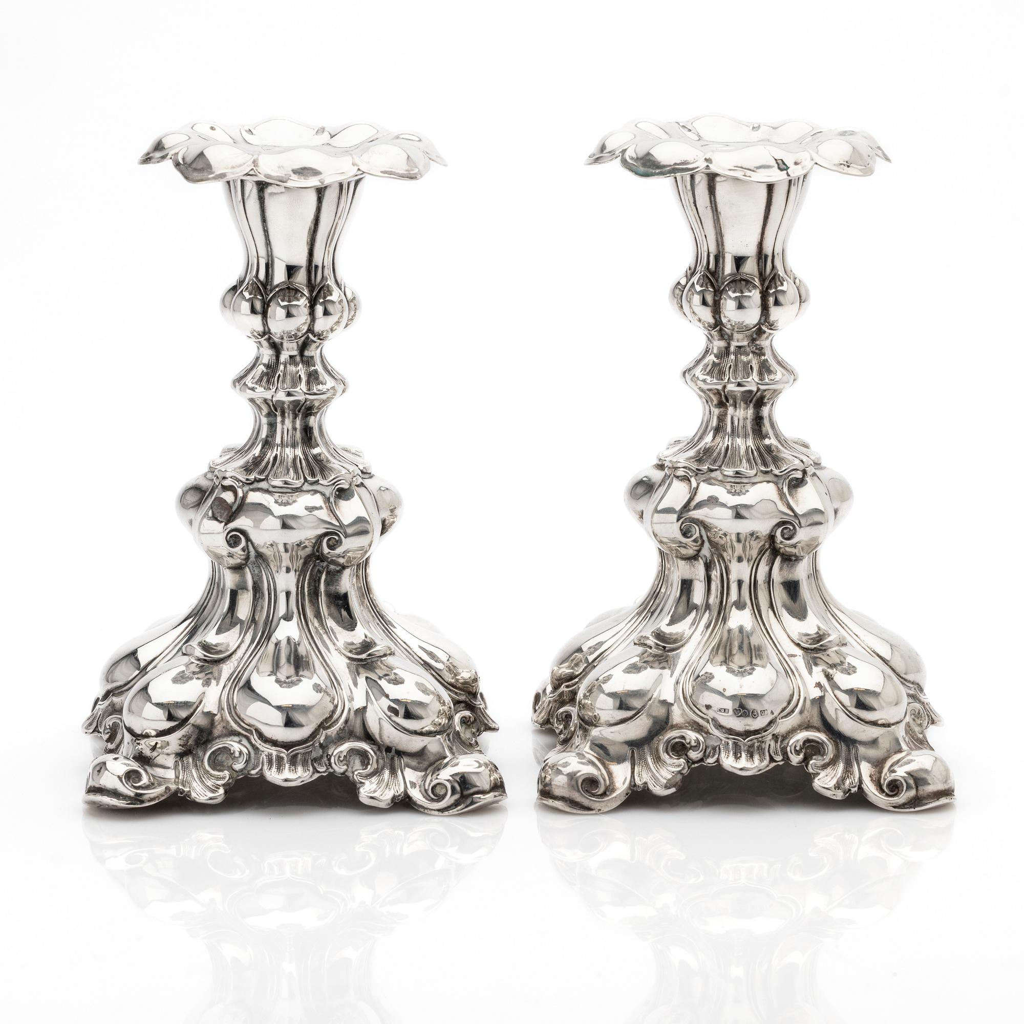 C.G. Hallberg, Candelsticks, a pair, silver, Baroque style, 1942, Stockholm.