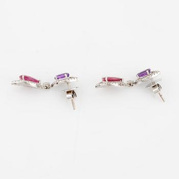 Earrings, 18K white gold with amethysts, pink tourmalines, and brilliant-cut diamonds.