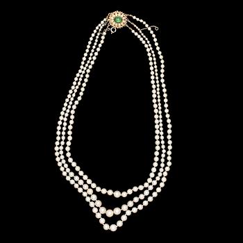 NECKLACE, three strand cultured pearls.