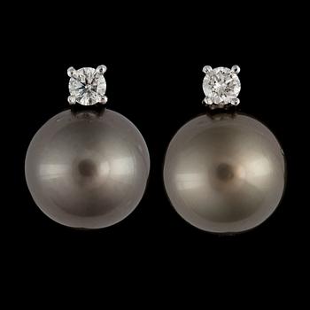 46. A pair of cultured Tahiti pearl, Ø 12 mm, and brilliant-cut diamond, 0.26 ct in total, earrings.