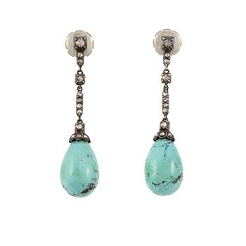 526A. A pair of silver and 18K gold earrings with turquoise drops and rose-cut diamonds.