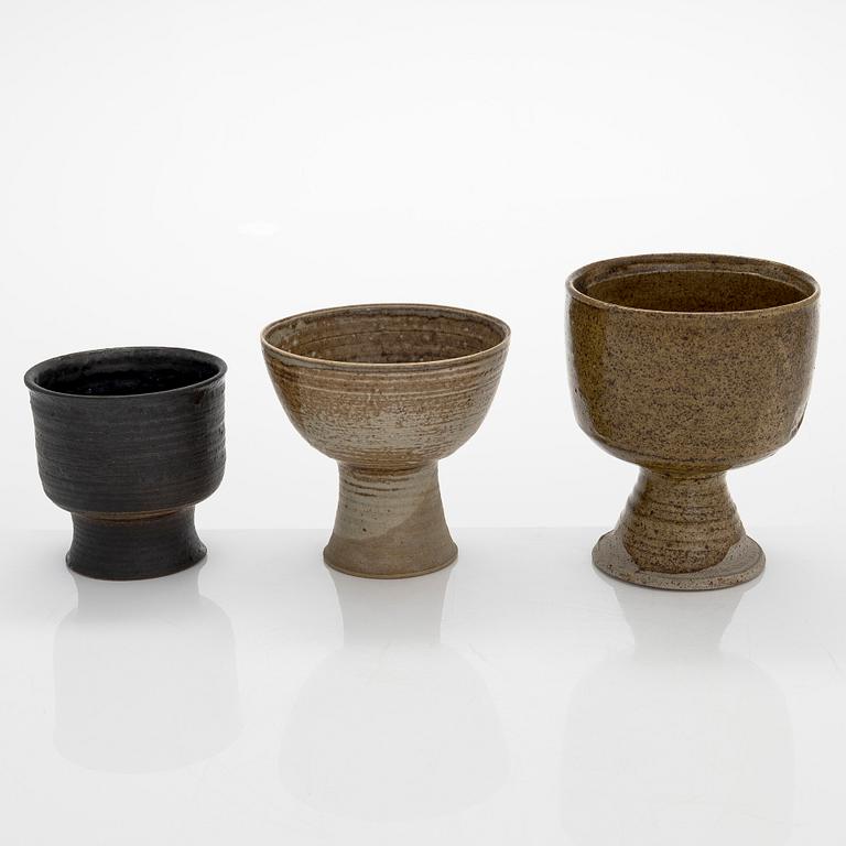 Kyllikki Salmenhaara, three stoneware goblets signed KS Arabia and KS.