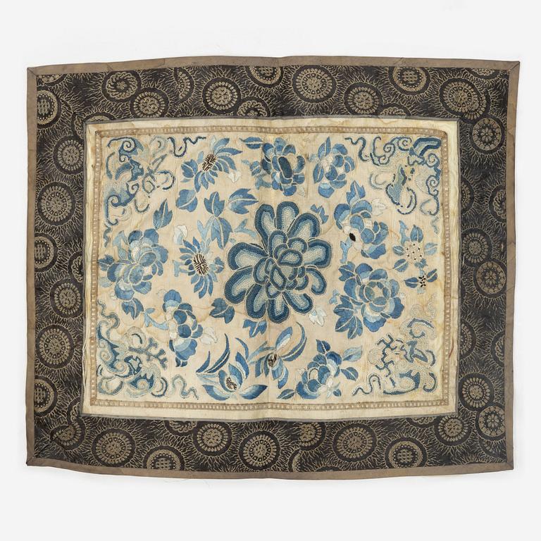 Two rank badges, two embroideries, and a brocade, China, part Qing dynasty.