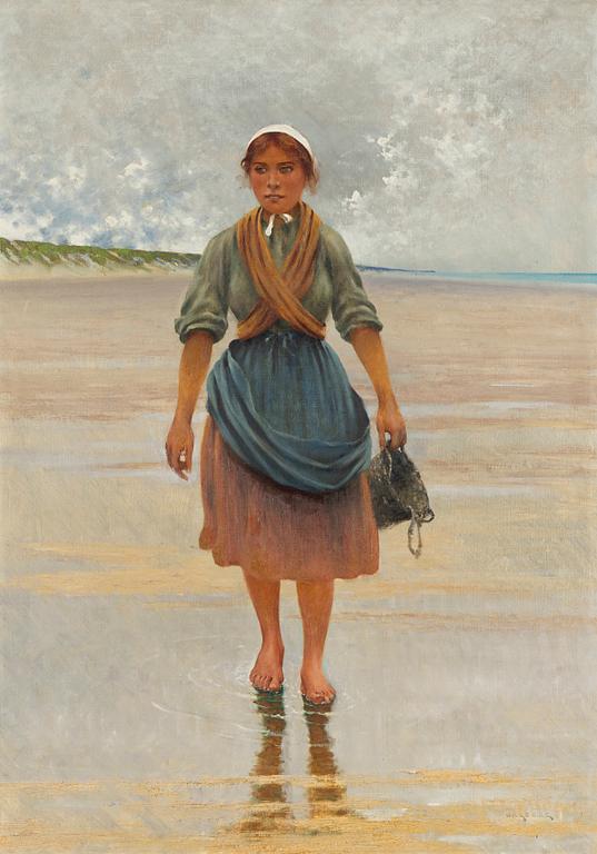 August Hagborg, Fiskarflicka på stranden. Motiv från Normandie.
