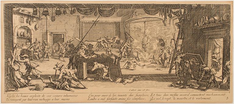 JACQUES CALLOT, Book, collection of 18 etchnings from Les miseres et les mal-hevrs de la gverre. 1633, later edition.
