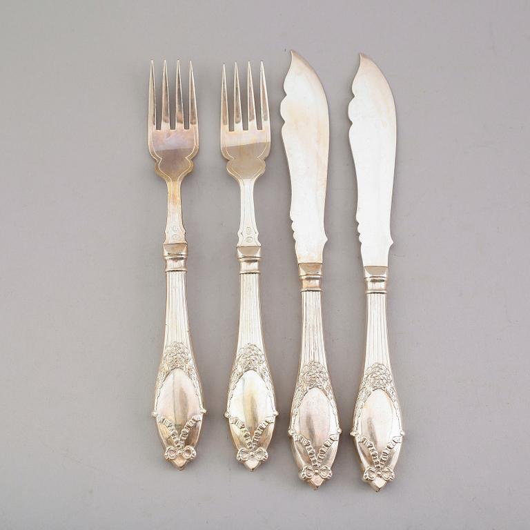 FISKBESTICK, 24 delar, nysilver, Danmark, 1900-talets förta hälft.