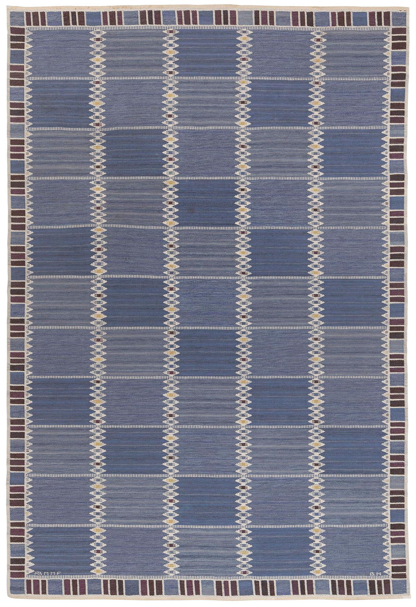Barbro Nilsson, a carpet, 'Salerno blå med enkel bård', flat weave, c. 365 x 244 cm, signed AB MMF BN.