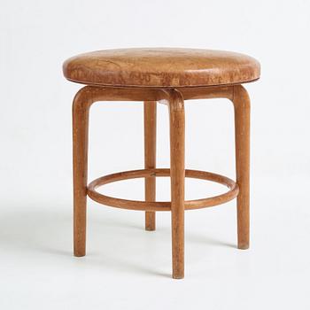 Vilhelm Lauritzen, a beech and leather stool for Fritz Hansen, Denmark 1930's.