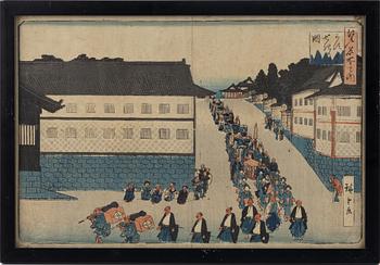 Ando Utagawa Hiroshige, efter, färgträsnitt, 3 st, Japan, tidigt 1900-tal.