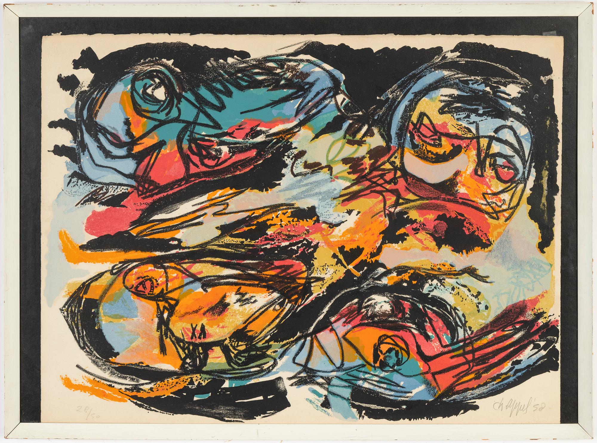Karel Appel、Nu bleu、希少画集画、新品額装付 Karel Appel, lithograph in colours, 1958. Signed and