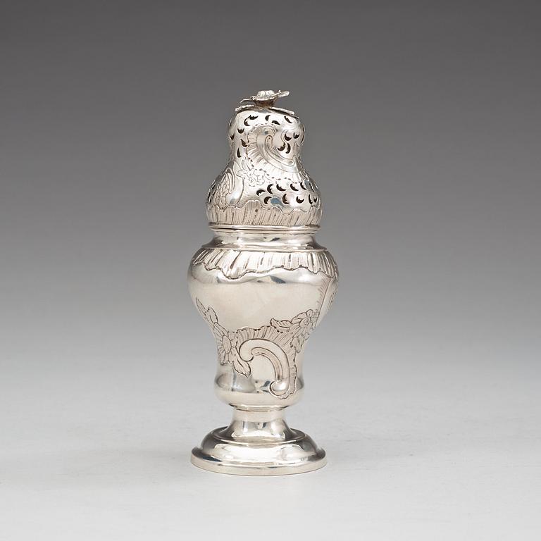 A German 18th century silver suggar-caster, unidentified marks.