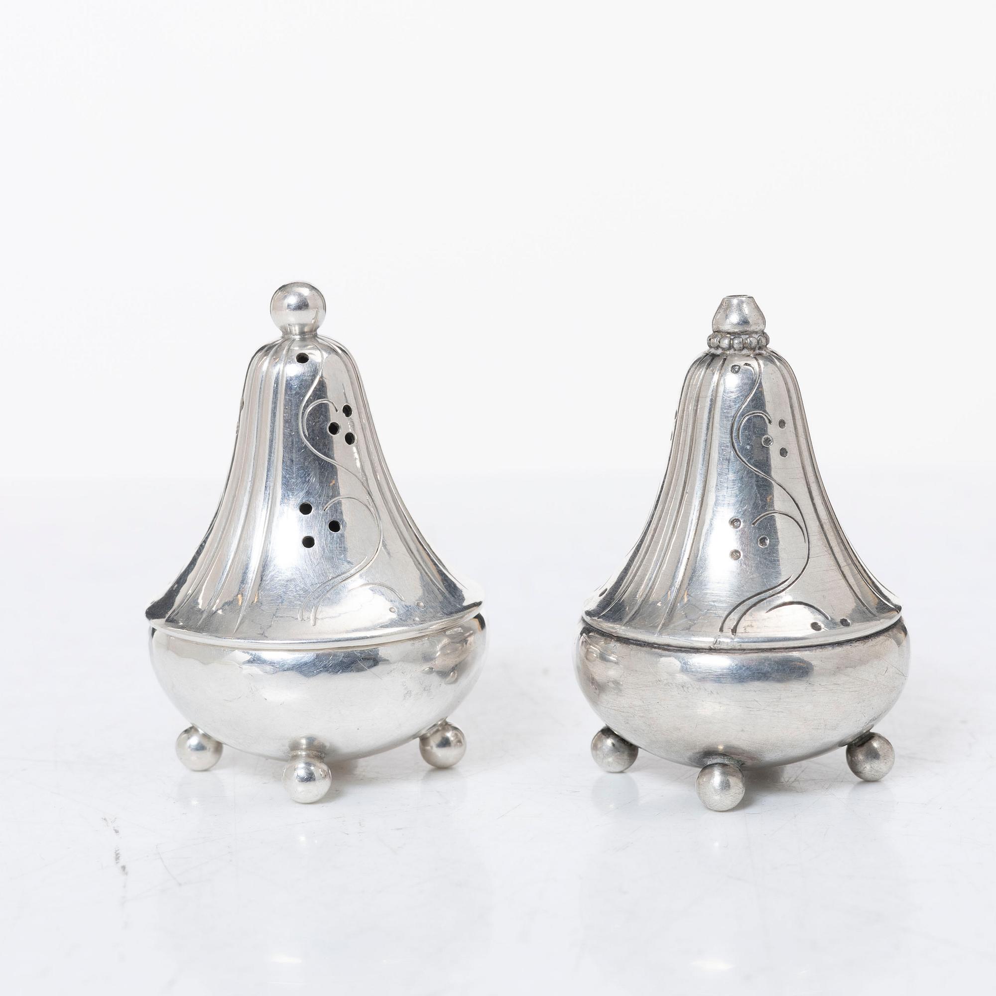 Georg Jensen, salt and pepper shakers, sterling silver, Denmark.