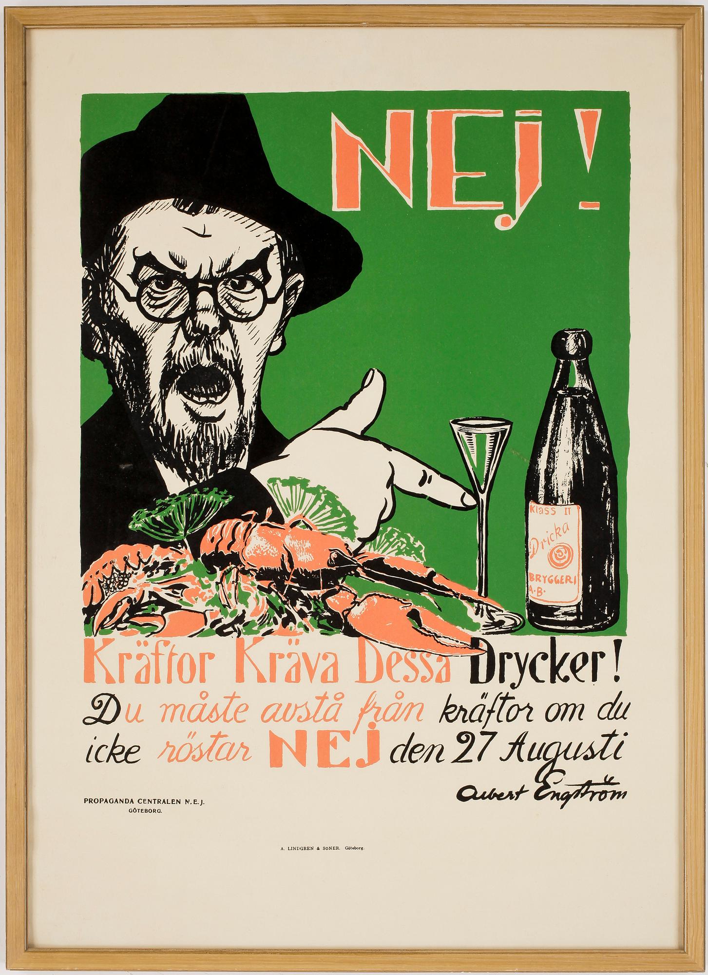 AFFISCH, Albert Engström "Kräftor kräva dessa drycker", 1900-talets första hälft.
