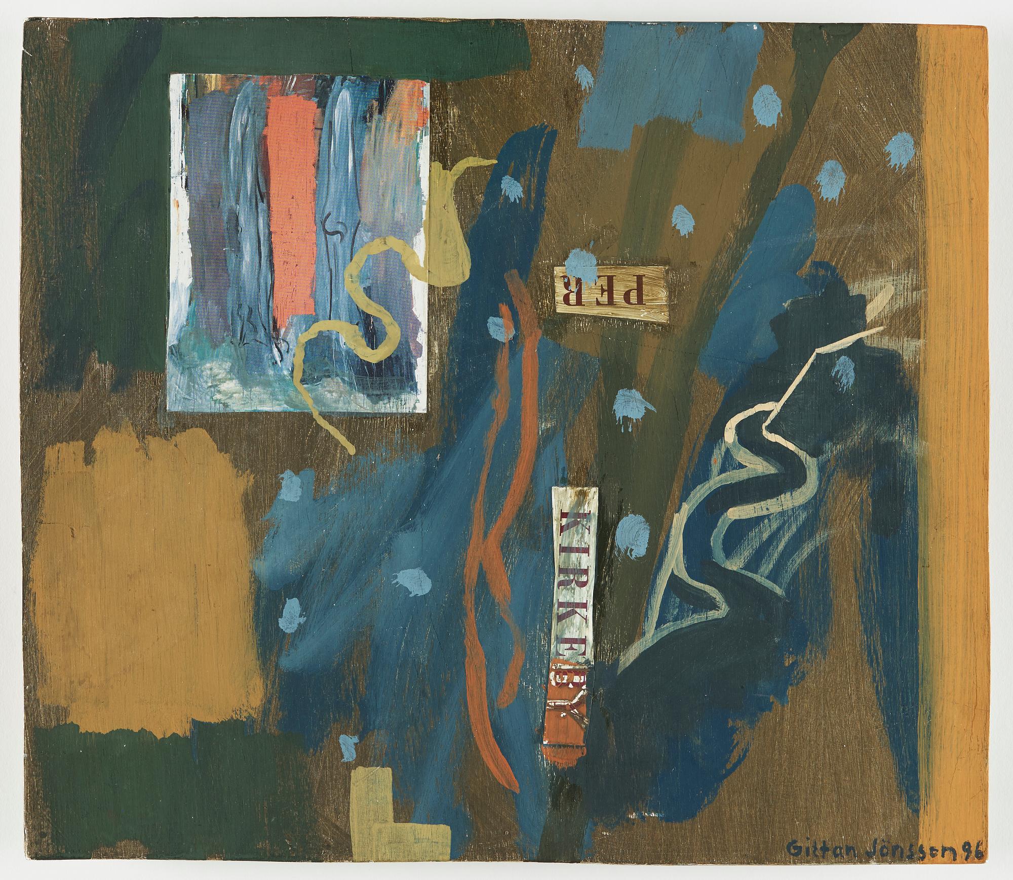 GITTAN JÖNSSON, olja och collage på pannå, signerad Gittan Jönsson och daterad 96.