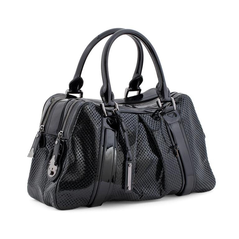 BURBERRY, a black patent leather bag.