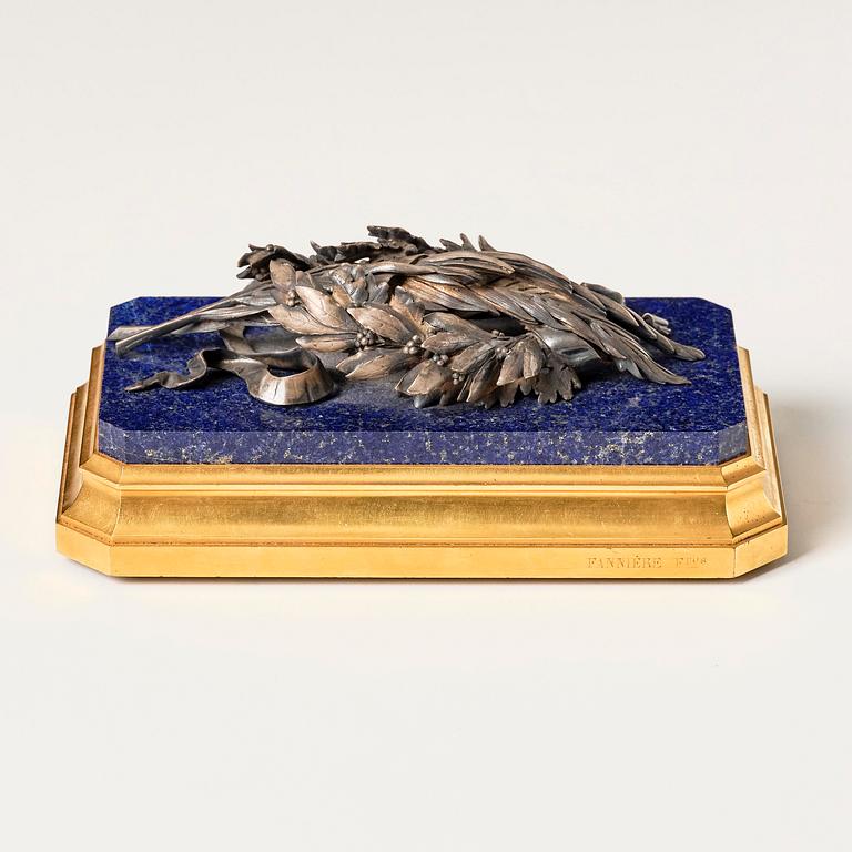 An ormolu, lapis-lazuli and silver paperweight by Fannière Frères (Paris 1839-1900).