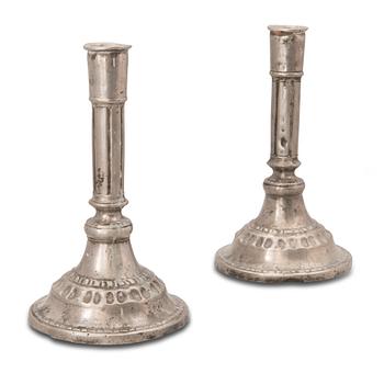 21. A PAIR OF PEWTER CANDLESTICKS, Daniel Rising, Turku 1791.