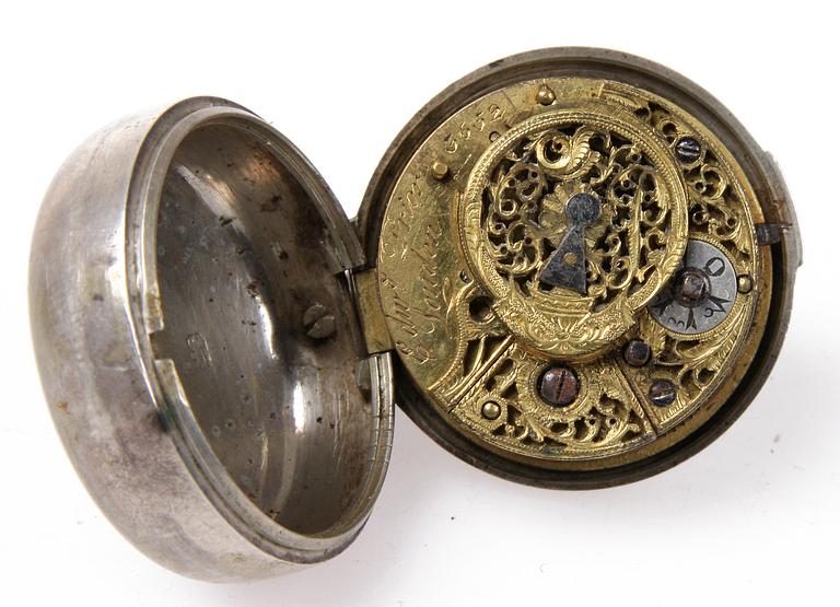 FICKUR, i fodral, silver, 1700/1800-tal.