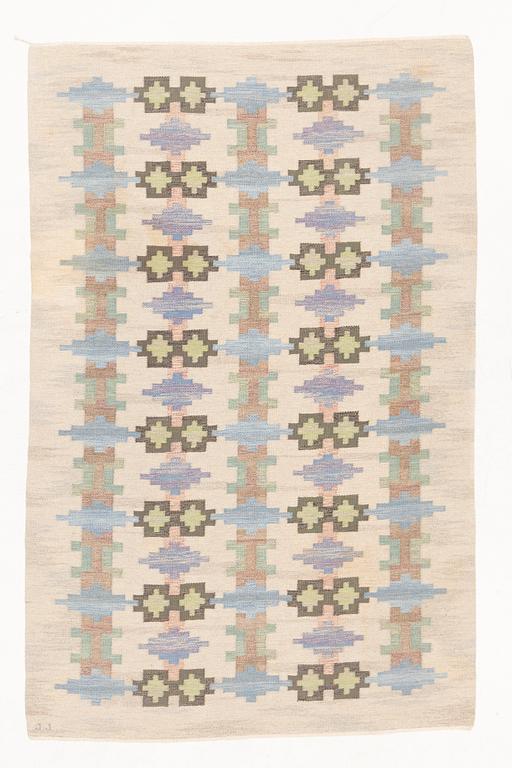 Judith Johansson, a flat weave rug, 'Riddarsporrar', signed JJ, c. 294 x 187 cm.